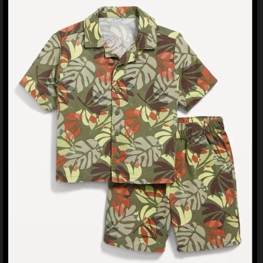 Palm Print Linen Blend Shirt & Shorts Toddler Set, Size 3T